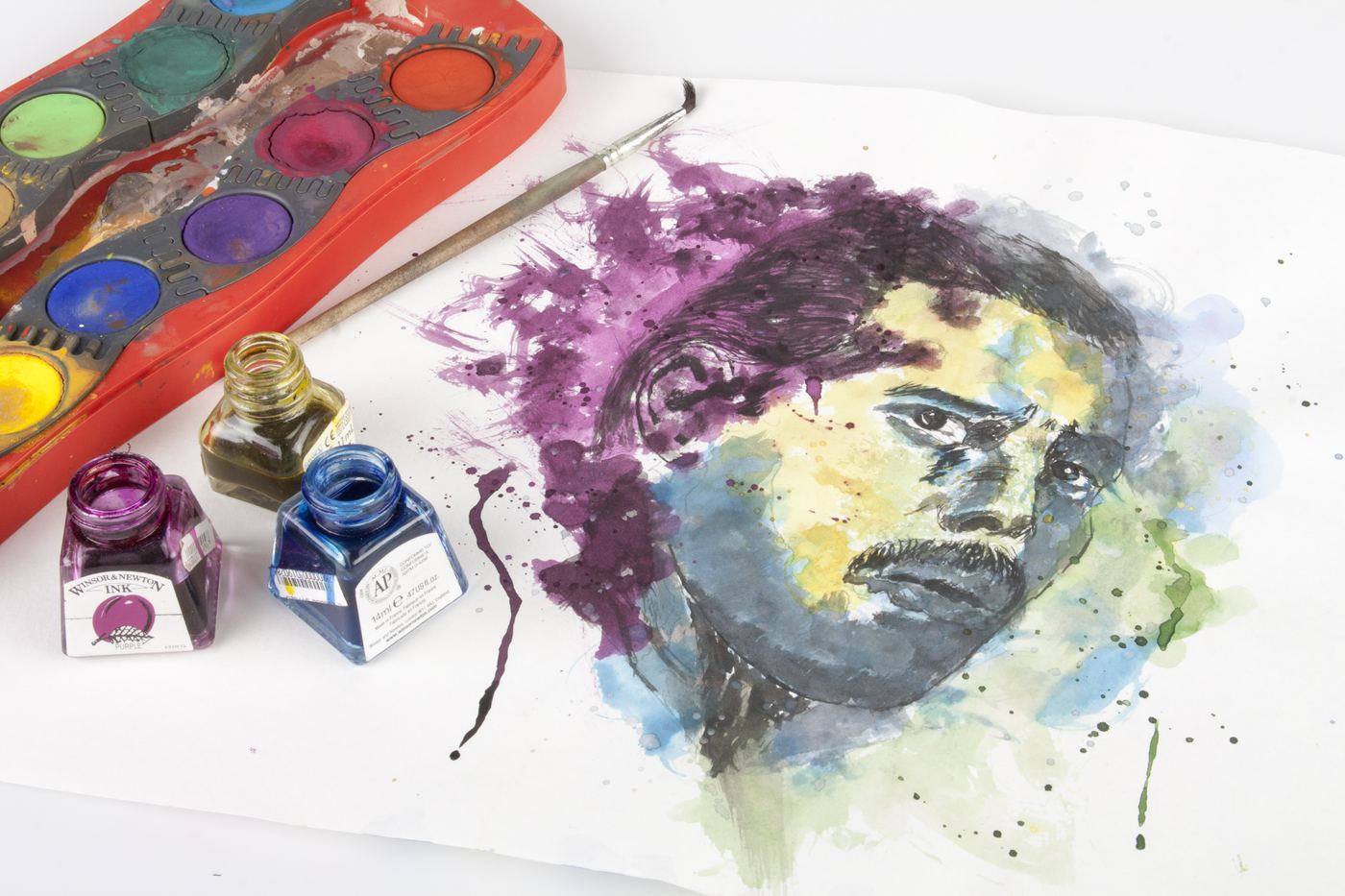 Ink and watercolour portrait on paper