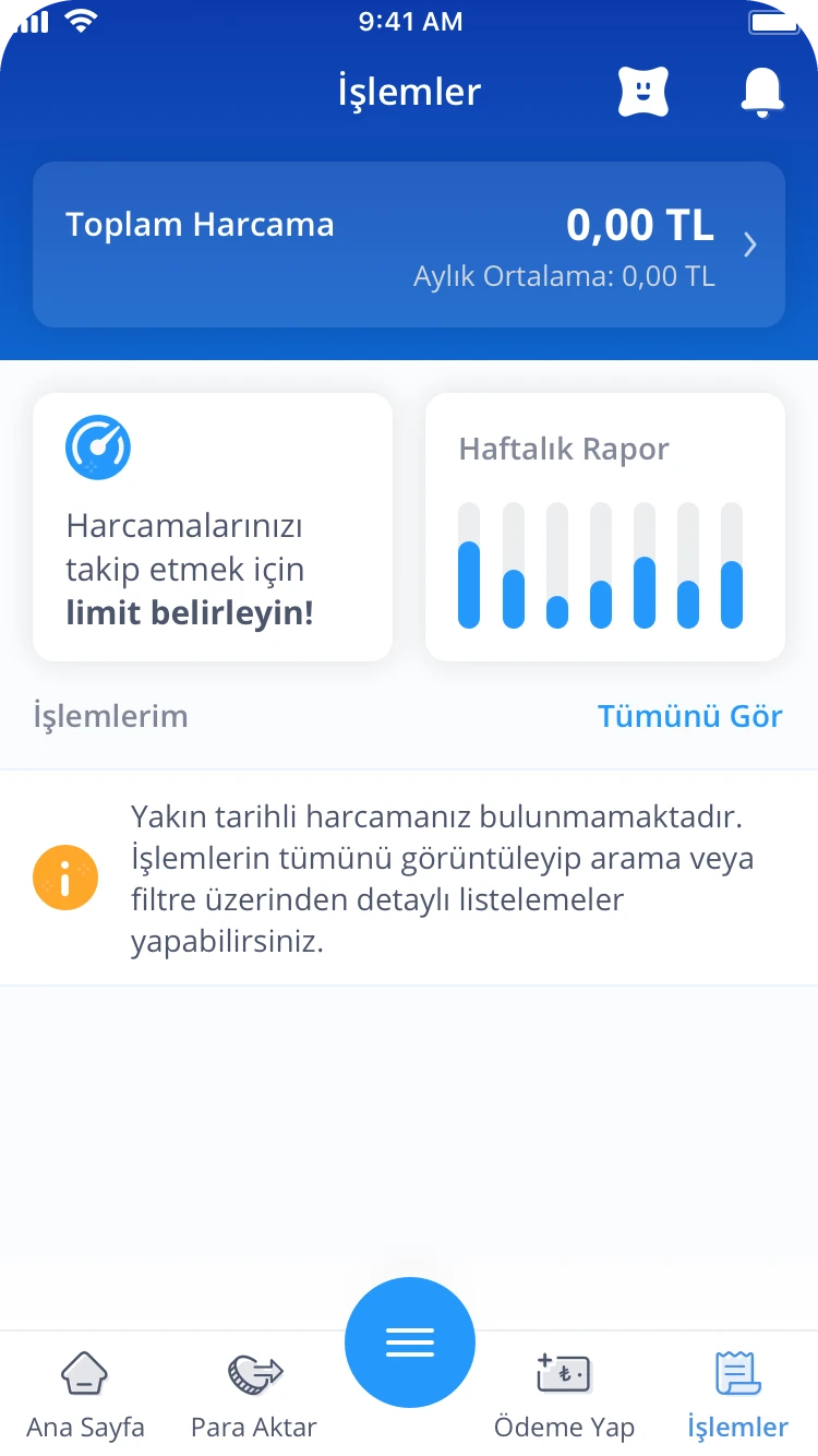 The home before any spending: 0,00 TL and a note that there are no recent transactions yet.