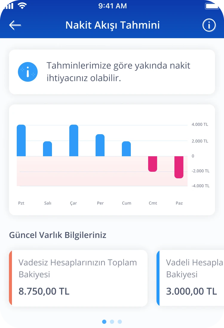 Nakit Akışı Tahmini: a week of bars, the last two red and below zero, and current balances in demand and time deposit accounts.