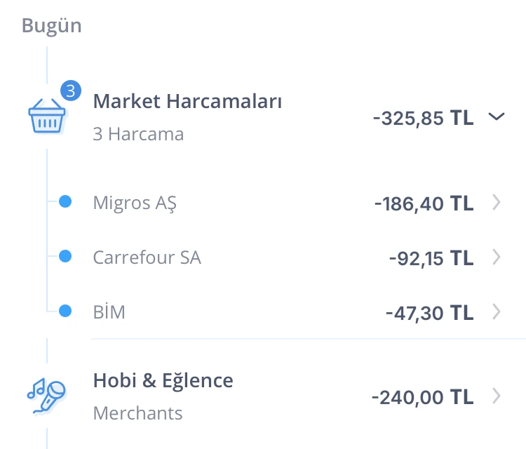 Groceries, 3 payments, opened in place: Migros, Carrefour and BİM.