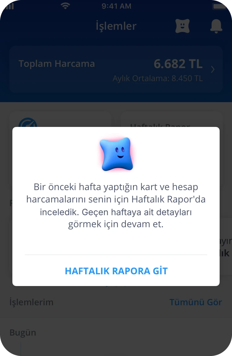 Maxi in a dialog: we looked at last week's card and account spending for you in the weekly report, with a button to go to it.