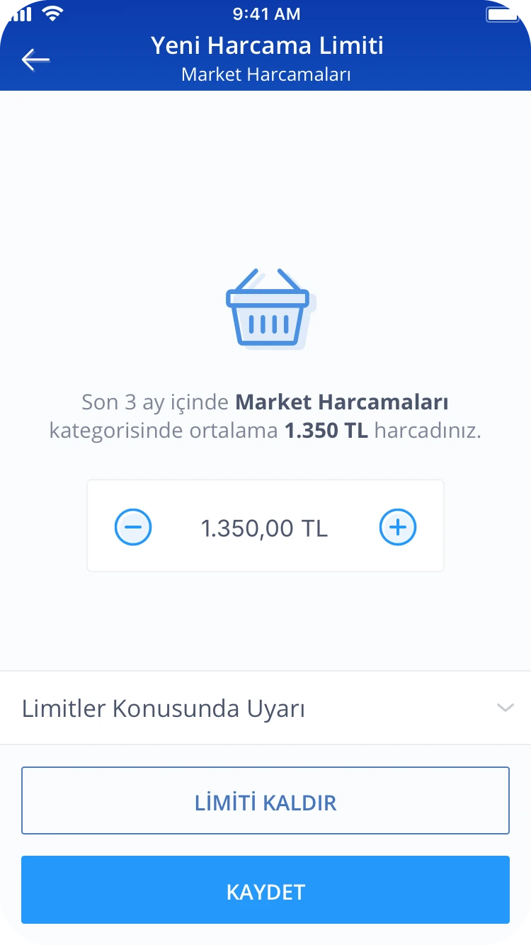 New limit for groceries: in the last 3 months you spent an average of 1.350 TL, and the amount arrives filled in at 1.350,00 TL.