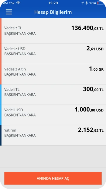 The old app, Hesap Bilgilerim: the account list.