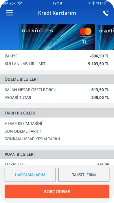 The old app, Kredi Kartlarım: card detail with a Harcamalarım button under it.