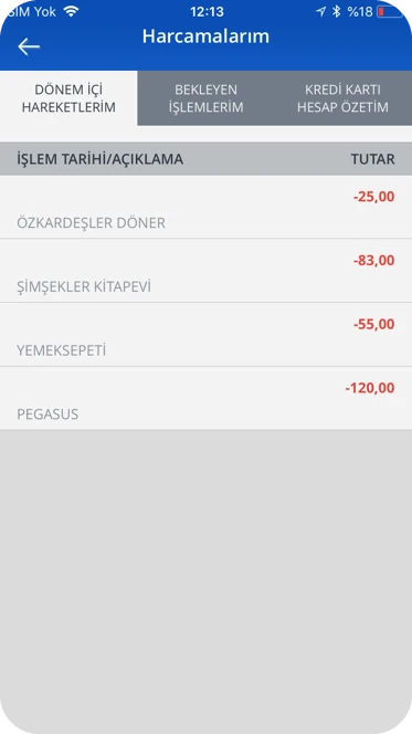 The old card spending screen with three tabs along the top.