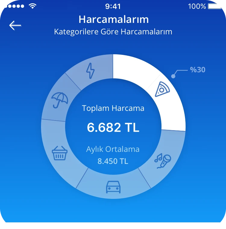 Harcamalarım: spending as a ring with six slices and an icon on each, 6.682 TL in the middle and the monthly average under it.