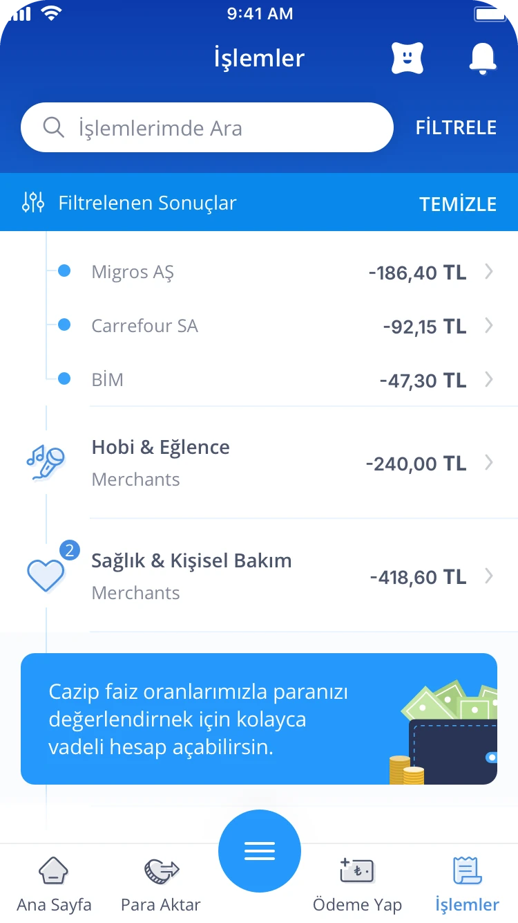 Transactions with a search field, Filtrele to filter, and Temizle to clear the filtered results.