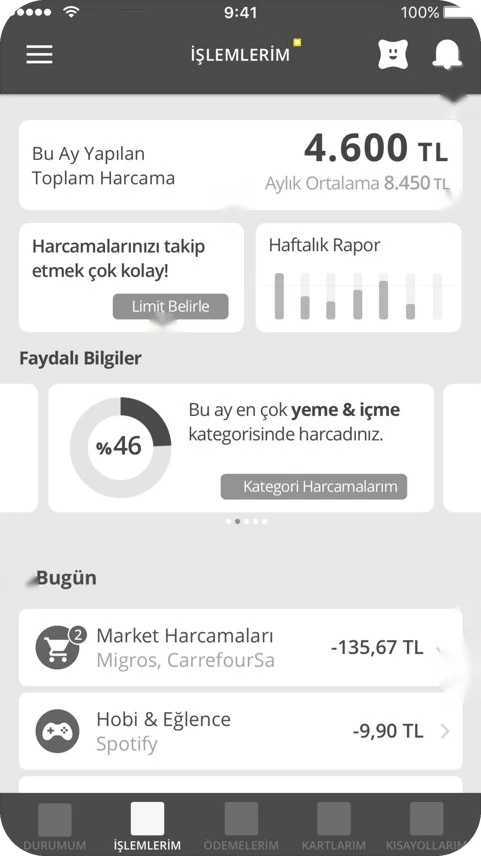 Wireframe of the home: the month total, a limits card and a weekly report card, a useful facts carousel and the day's transactions.