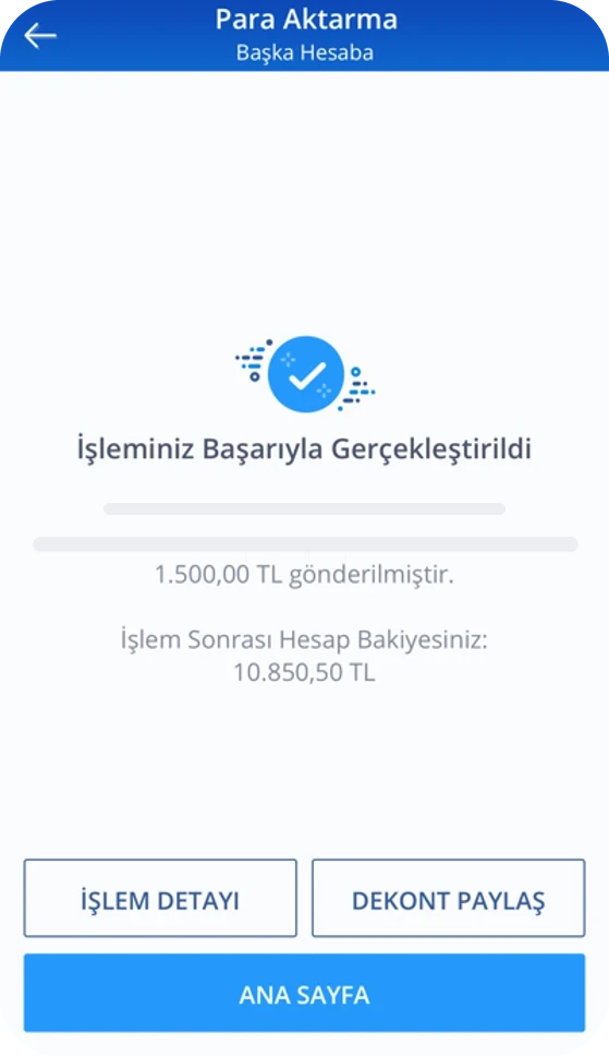 New transfer result: confirmation, balance after the transfer, transaction detail and share receipt buttons.