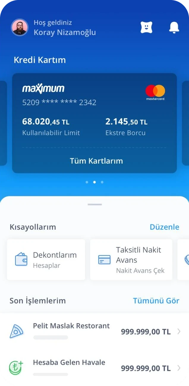 Home: greeting, credit card as a product card, shortcuts and recent transactions.