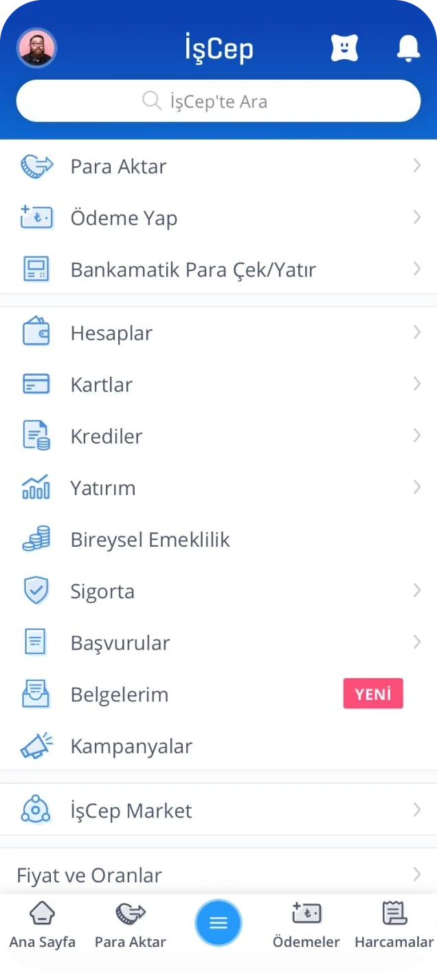 Full menu open over the screen: search, transfers and payments first, then products.