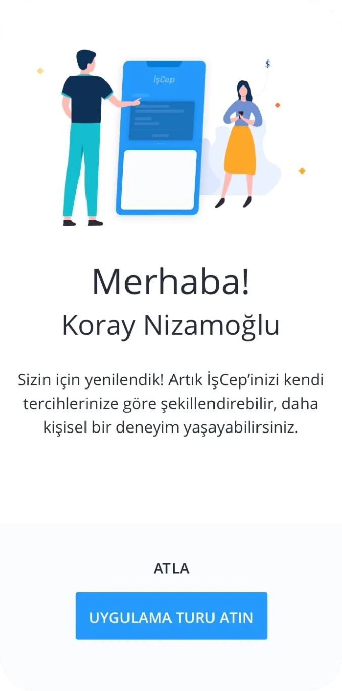 Onboarding welcome: Merhaba, with an offer to take a tour of the app.