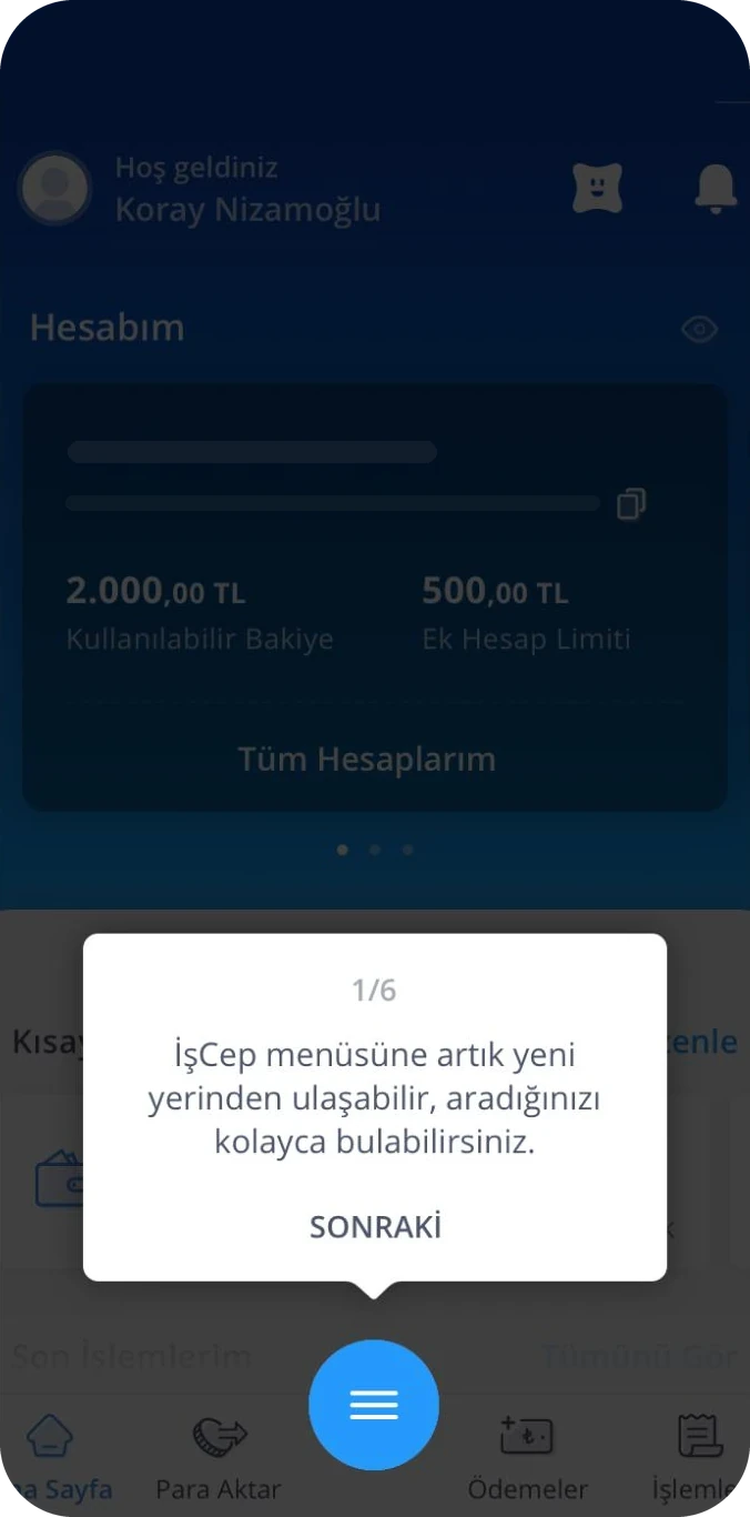 Onboarding tour, step one: a tip pointing at the centre button, saying the menu can now be reached from its new place.