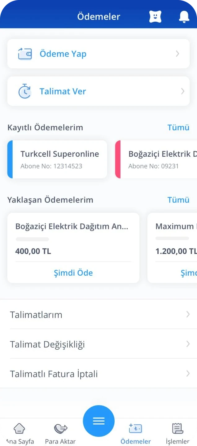 Payments tab: make a payment, standing orders, saved and upcoming payments, above the new tab bar with the centre menu button.