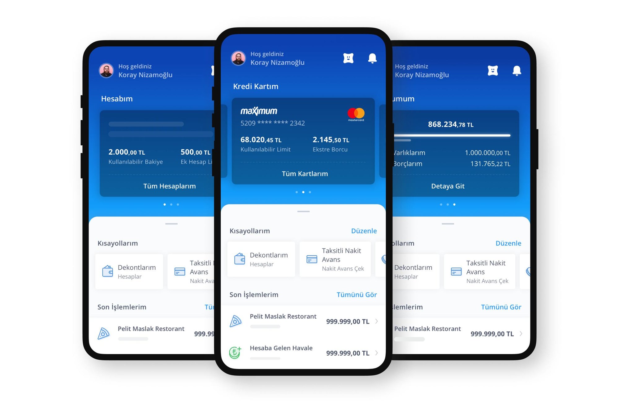 Three phones showing the redesigned İşCep home: account, credit card and assets and debts as swipeable cards above editable shortcuts and recent transactions.