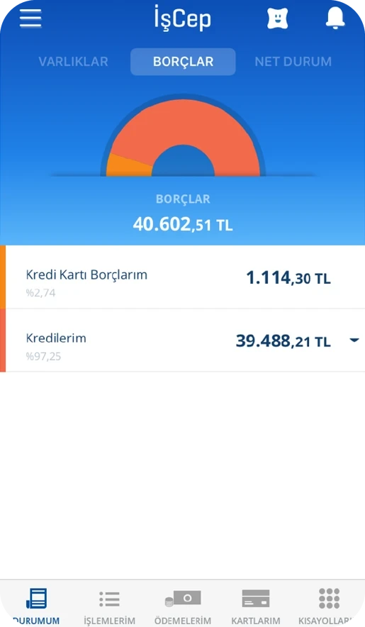 Old İşCep home, debts tab: a half-donut chart of card debt and loans.