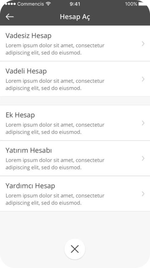 Open an account wireframe: account types listed with a short description each.