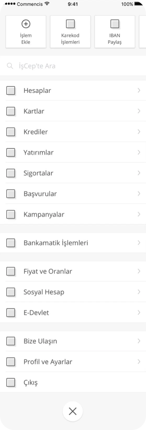 Menu wireframe: editable quick actions along the top, search, then the main product list.