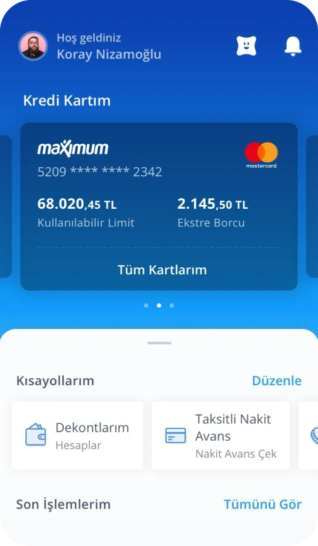New home screen: the credit card as a product card, then shortcuts.