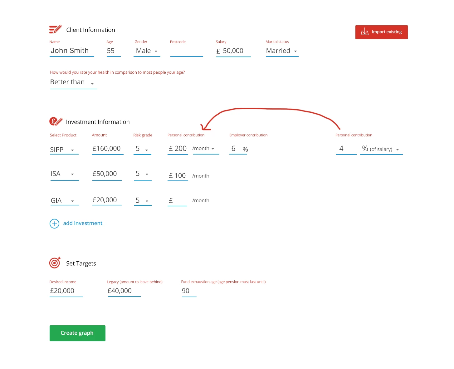 First prototype, create a new client: client information, investment information for a SIPP, an ISA and a GIA, and targets, above a Create graph button.