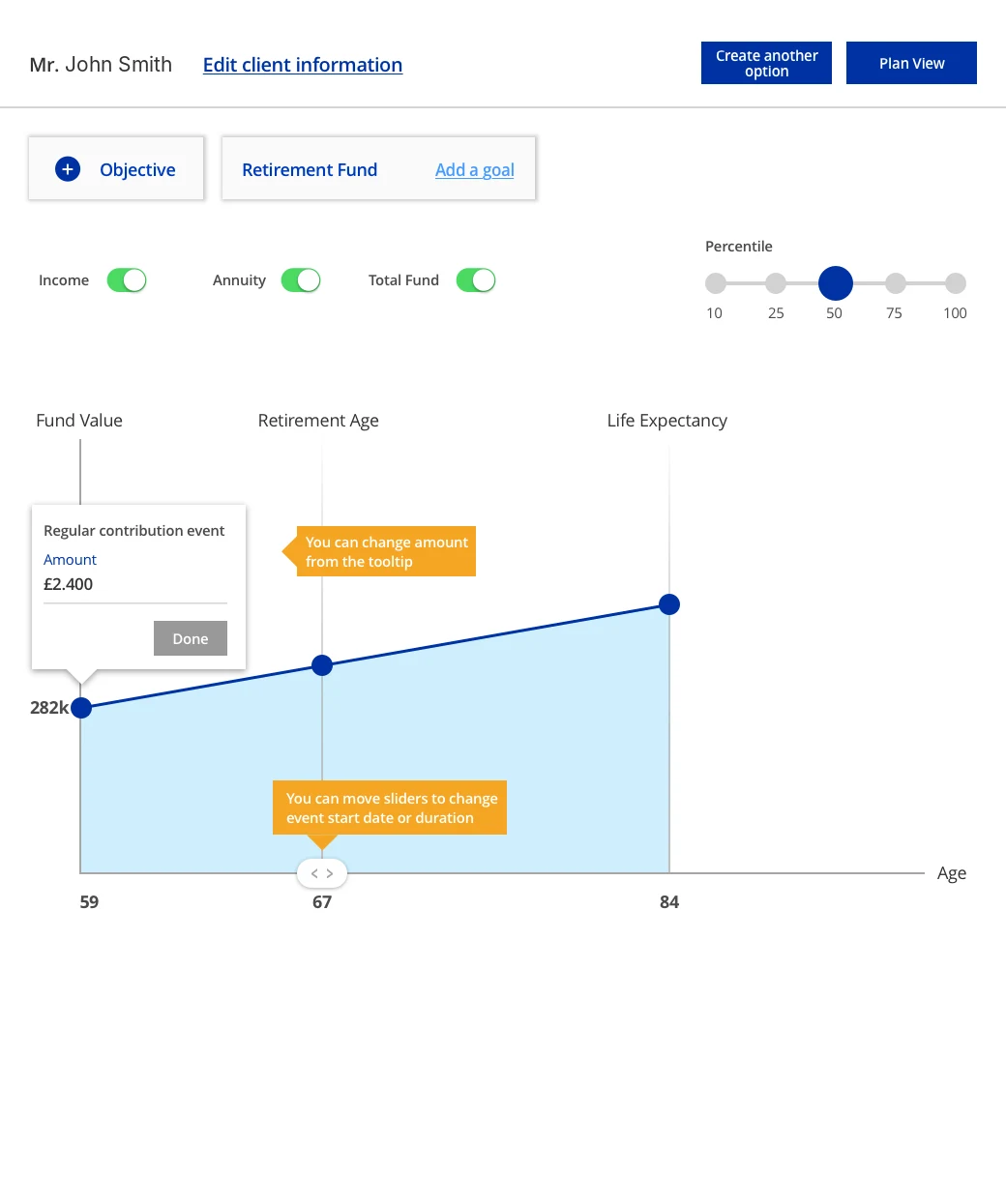 Second prototype: notes on the graph point the way, click this dot to amend event details.