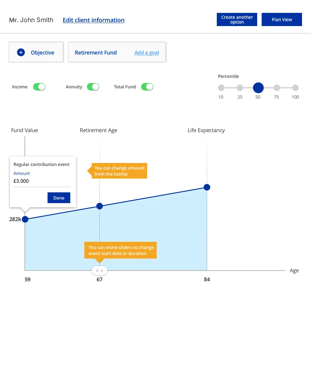 Second prototype: a regular contribution opened in a popover on the graph, with sliders for when it starts and how long it lasts.
