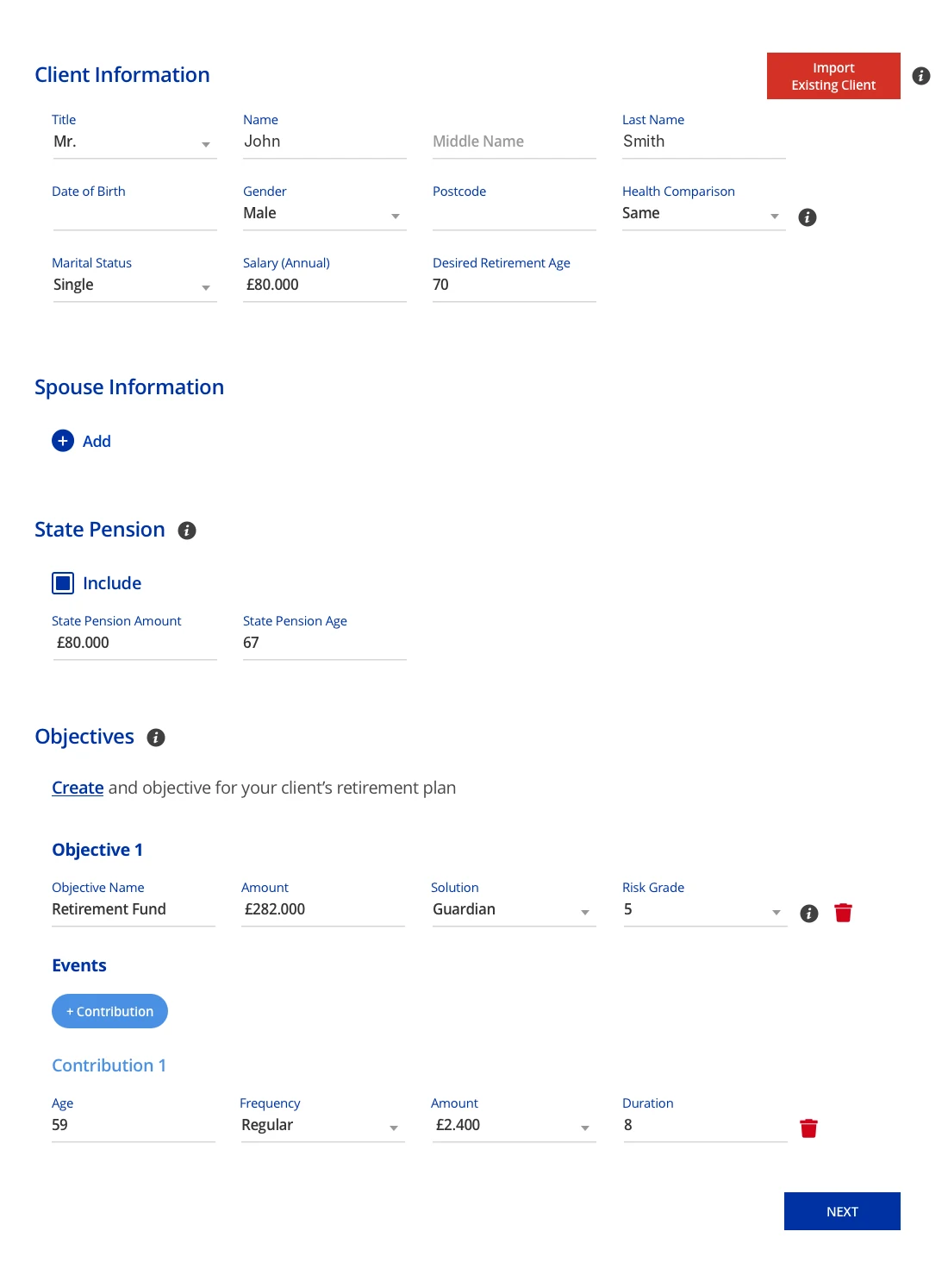 Second prototype, the new plan form: client information, spouse information, state pension and objectives with events on one page.