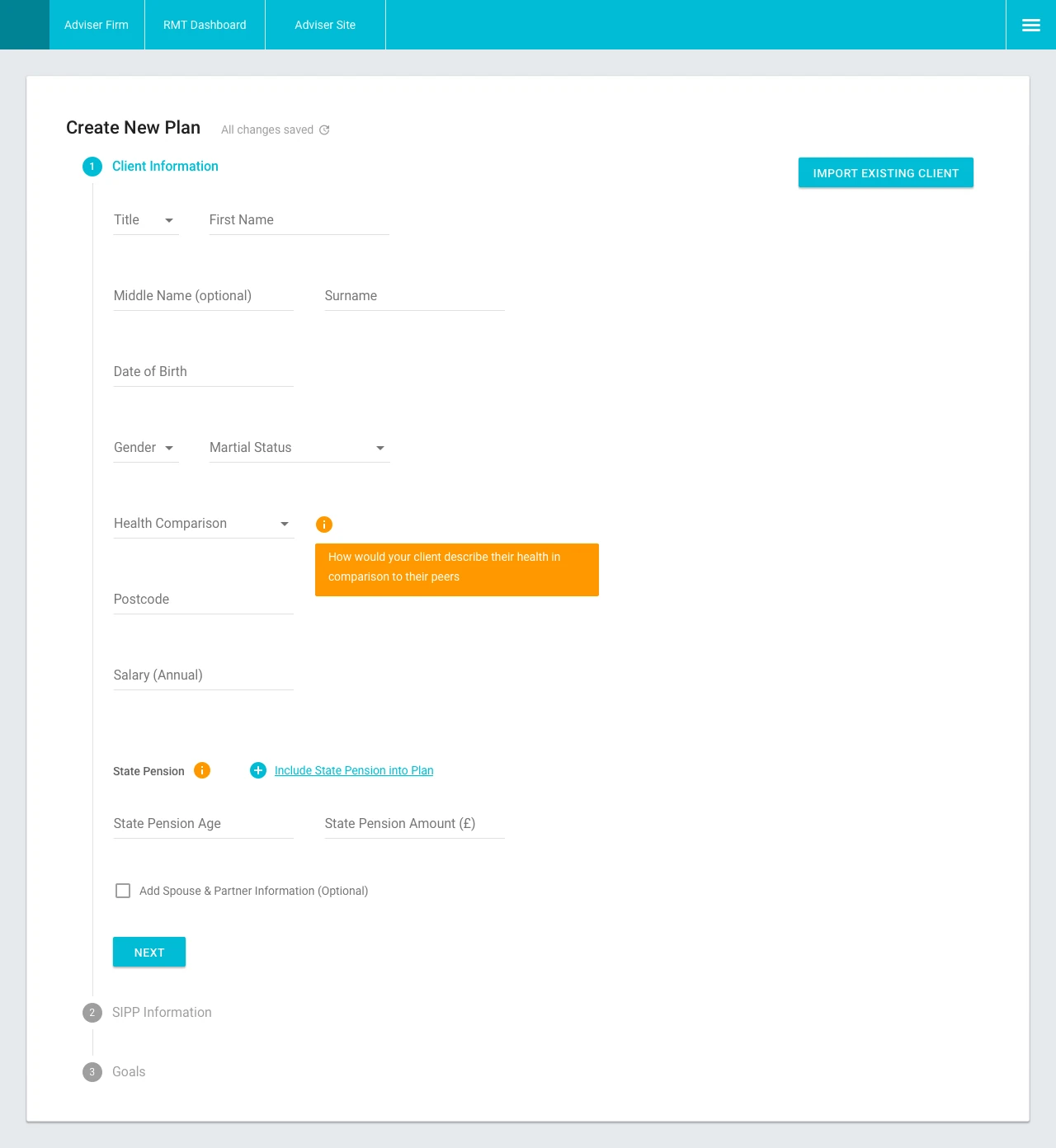 First round: a light, guided Create New Plan form, client information first.