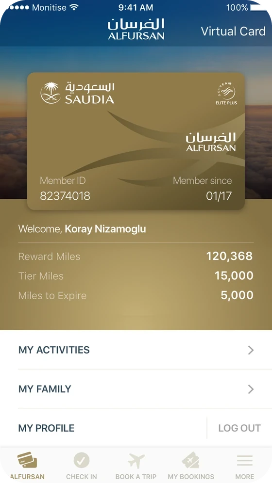 Alfursan tab, Elite Plus member: a gold card and a matching header.