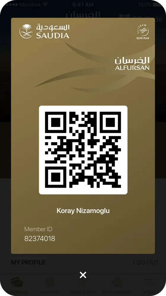 Elite Plus virtual card with a QR code.