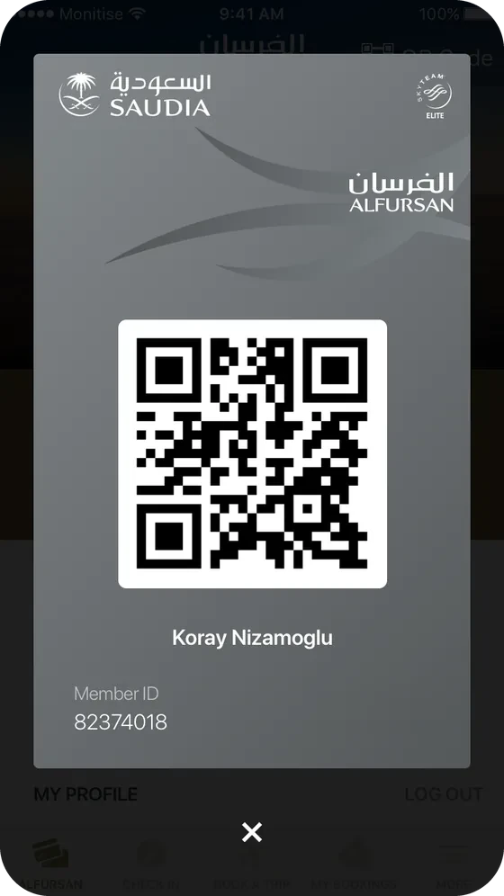 Elite virtual card with a QR code.