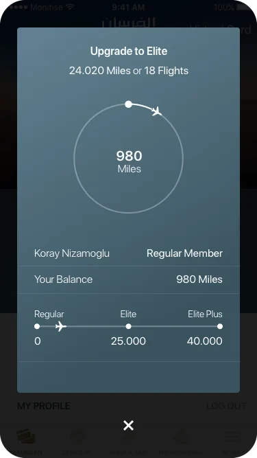 Regular progress dial: Upgrade to Elite, a ring with a small plane on the arc, and a tier line from Regular to Elite Plus.