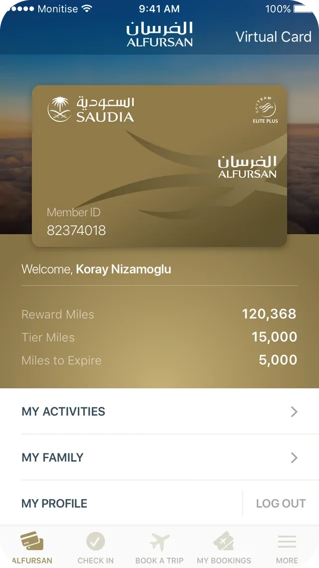Alfursan tab with a gold Elite Plus card, reward and tier miles, and links to activities, family and profile.