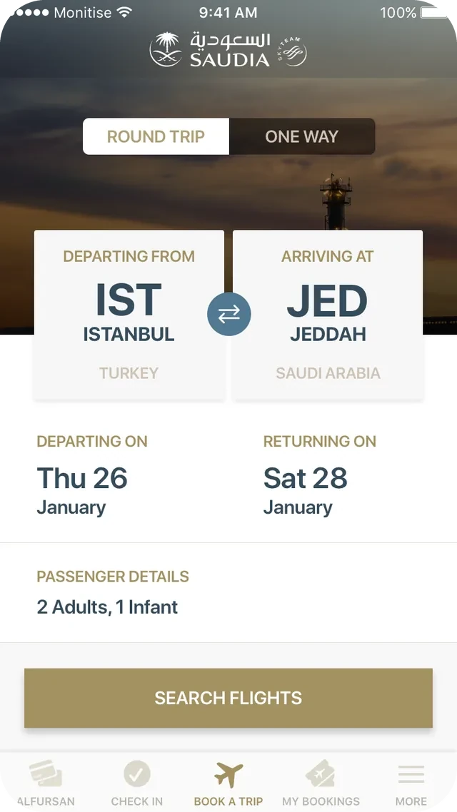 New home opens on Book a Trip: round trip, IST to JED, dates, passengers and Search Flights, with Alfursan, Check In, Book a Trip, My Bookings and More in the tab bar.