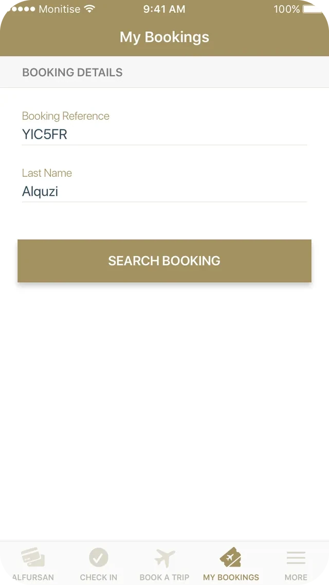My Bookings search: booking reference and last name filled in, above a Search Booking button.