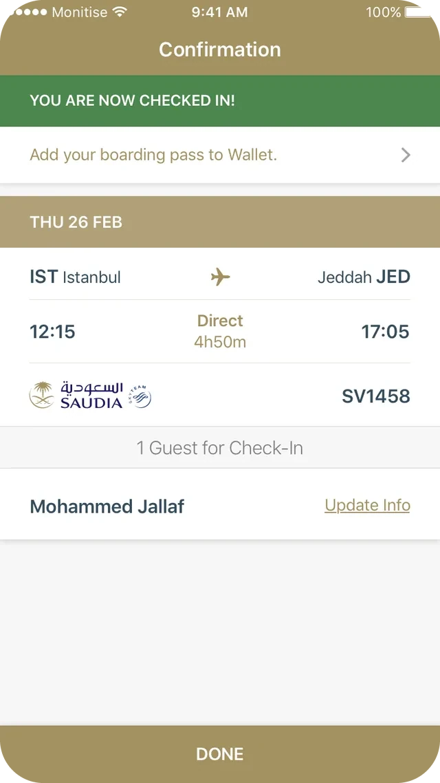 Check-in confirmation: You are now checked in, with an option to add the boarding pass to Wallet and the flight details.