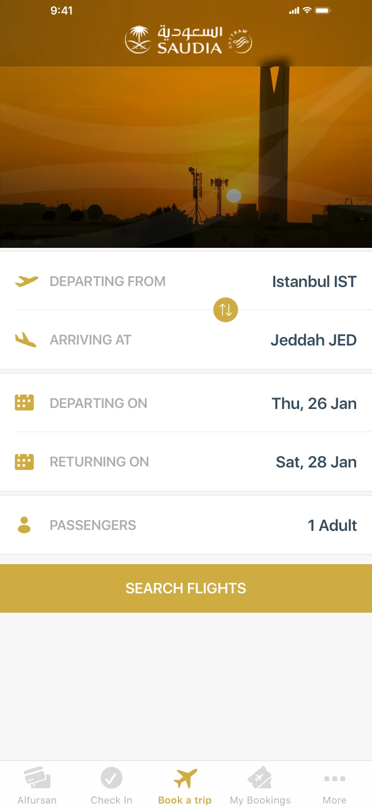 Direction A, main screen: the app opens on booking, IST to JED with dates and passengers above Search Flights, and a tab bar along the bottom.