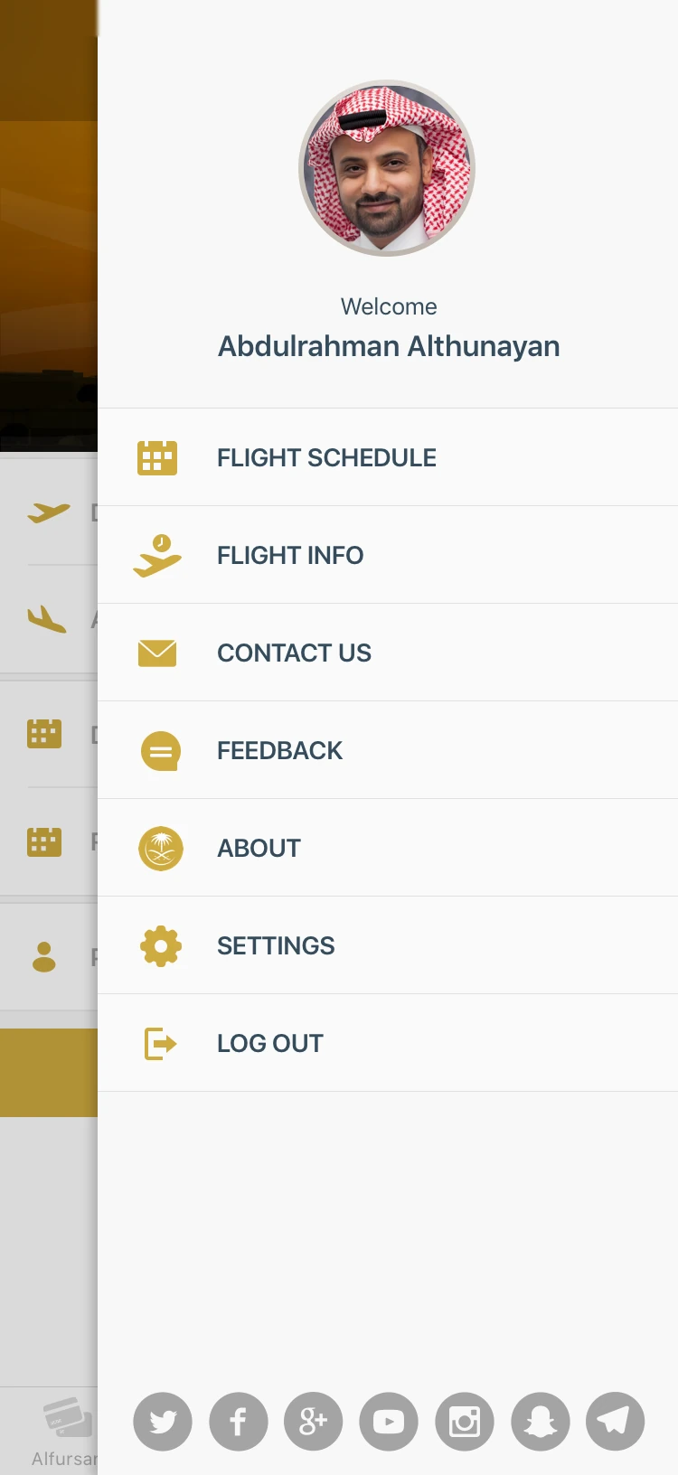 Direction A, side menu: a welcome with a sample member's photo and name, then Flight Schedule, Flight Info, Contact Us, Feedback, About, Settings and Log Out.