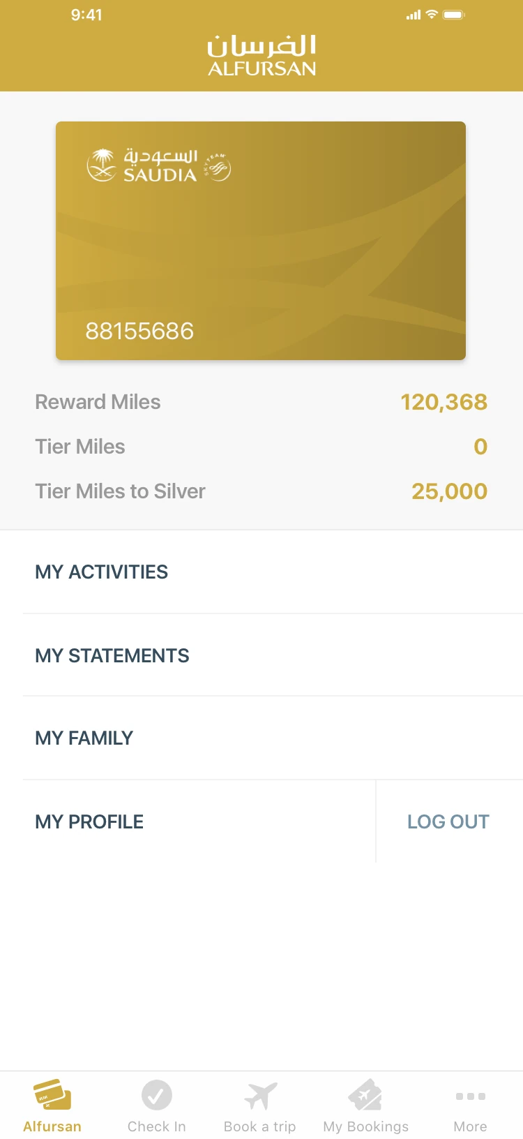 Direction A, Alfursan main screen: a gold card with reward and tier miles, then My Activities, My Statements, My Family and My Profile.