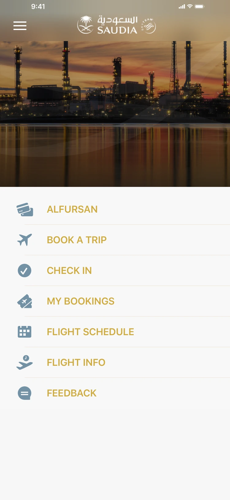 Direction B, main screen: a photo header above a feature list, Alfursan, Book a Trip, Check In, My Bookings, Flight Schedule, Flight Info and Feedback.