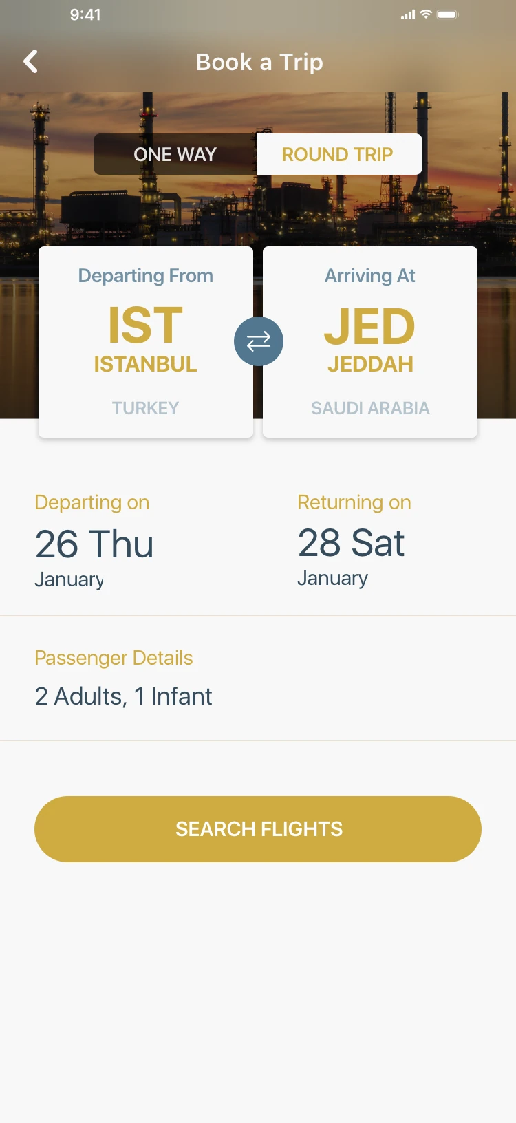Direction B, Book a Trip: one way or round trip, big IST and JED codes on a card with a swap button, large dates and passenger details.
