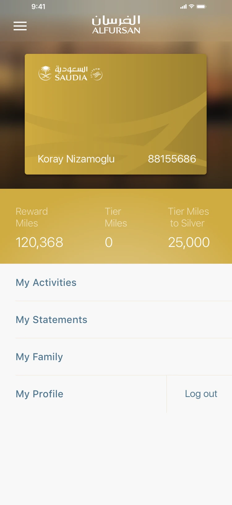 Direction B, Alfursan main screen: the gold card above a band of reward and tier miles, then My Activities, My Statements, My Family and My Profile.