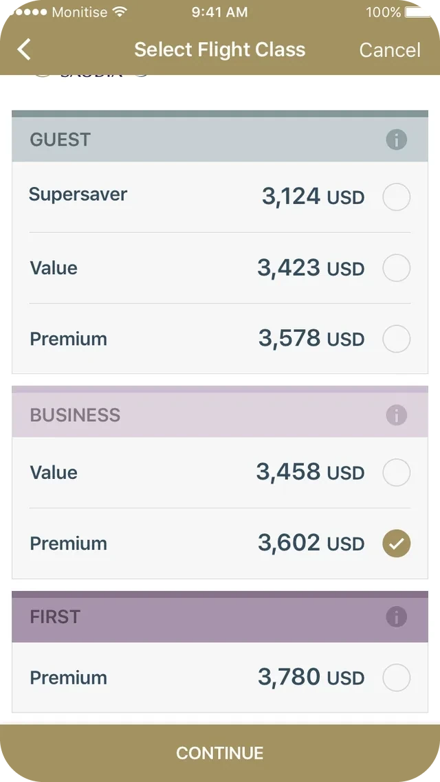 New Select Flight Class screen for the chosen flight: Guest, Business and First fares, with Premium Business ticked.