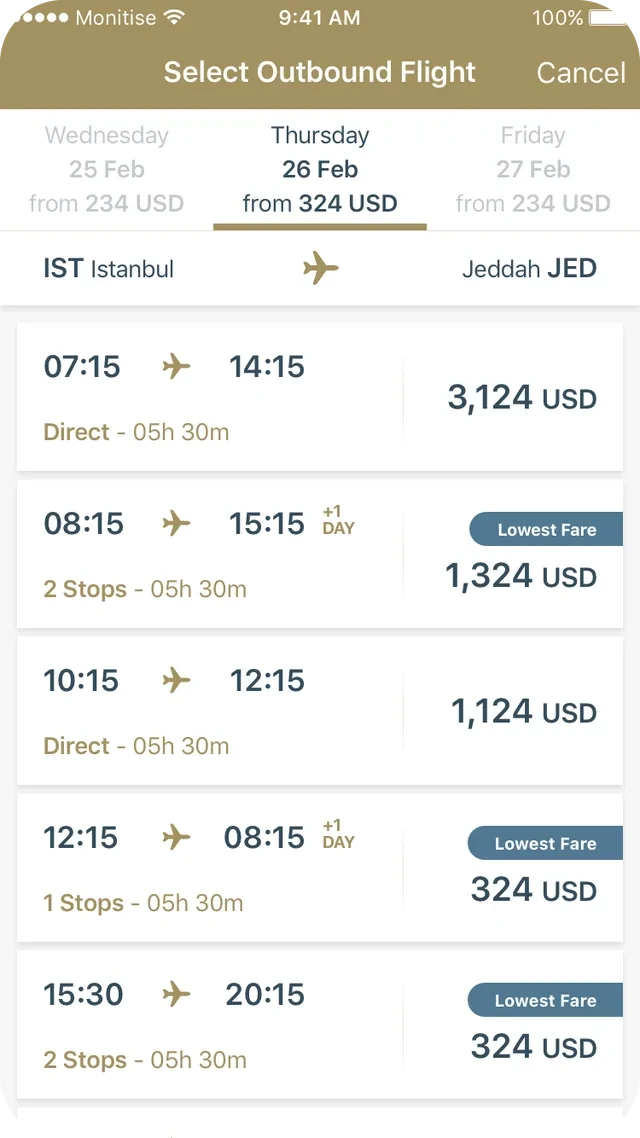New Select Outbound Flight list: a date strip with each day's lowest price, then flights with times, stops and price.