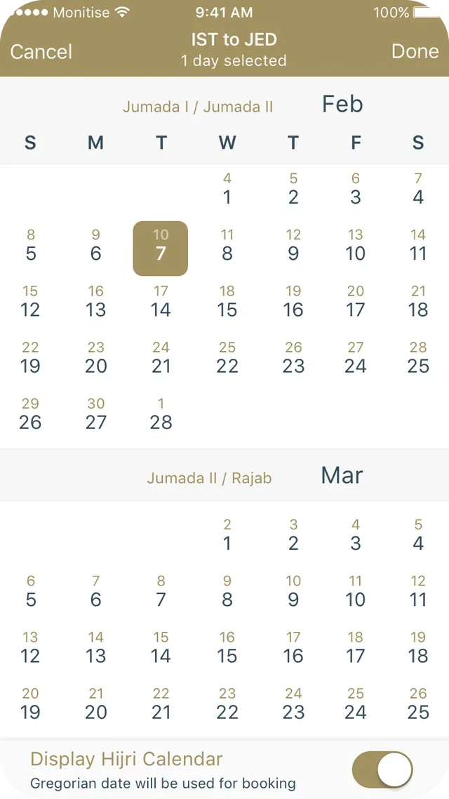 Calendar with Hijri dates shown small above the Gregorian ones.