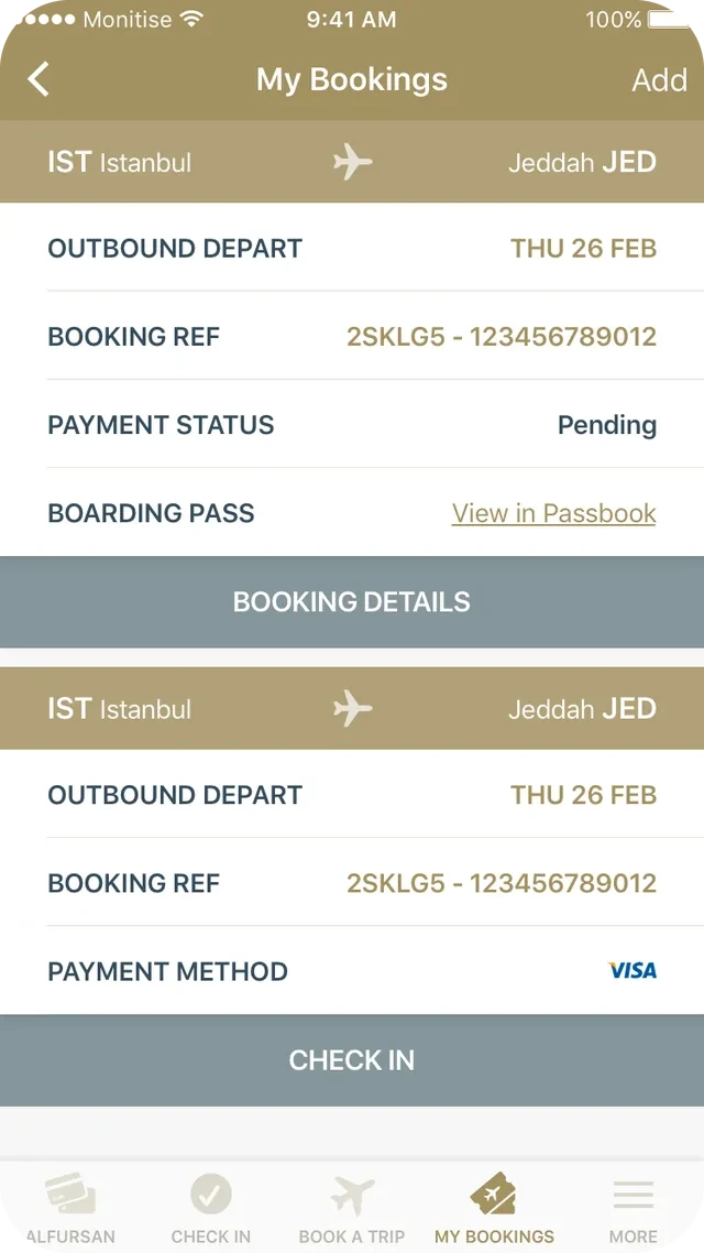 My Bookings: saved bookings with route, departure date, booking reference, payment status, boarding pass and a Check In button.