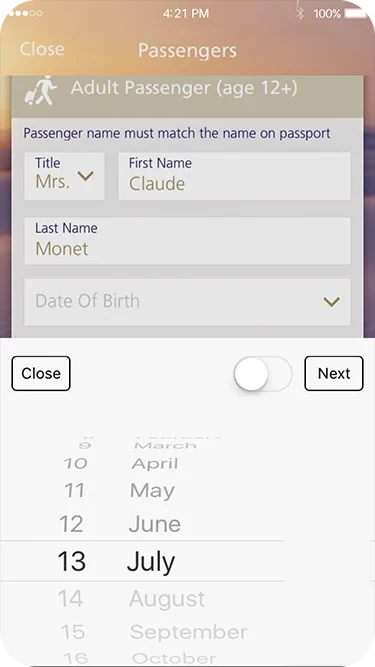Old date-of-birth picker: a switch next to the Next button with no label to say it changes the calendar.
