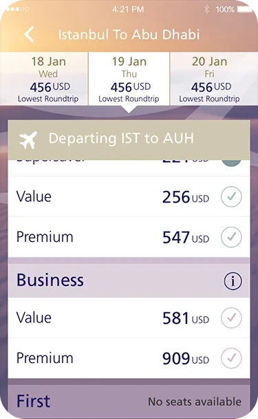 Old Saudia flight list, Istanbul to Abu Dhabi: a flight opened in place shows Guest, Business and First fares stacked under it.