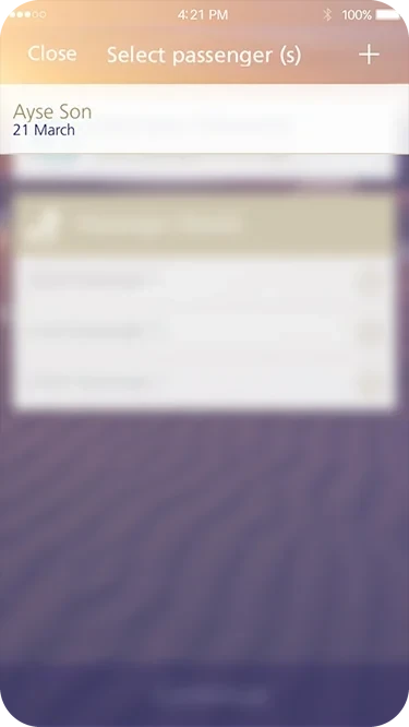 Old Select passenger screen: one saved passenger and a small plus in the top corner as the only way to add someone new.