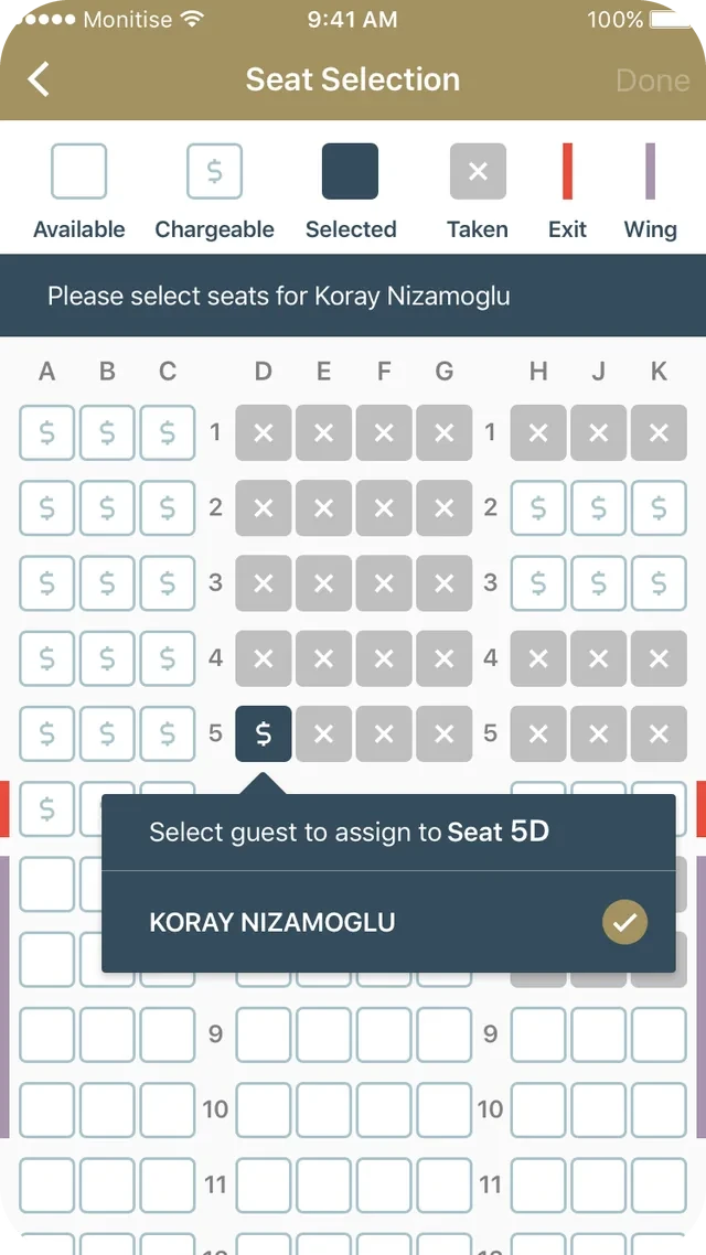 Seat Selection: a seat map with a legend for available, chargeable, selected, taken, exit and wing, and a prompt to assign seat 5D to a guest.